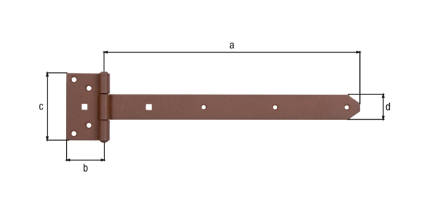 DURAVIS® Kreuzgehänge, mit vernietetem Stift, Material: Stahl, blau verzinkt, Oberfläche: rostbraun duplexbeschichtet, Bandlänge: 391 mm, Scharnierbreite: 59 mm, Scharnierlänge: 103 mm, Bandbreite: 40 mm, Materialstärke: 3,50 mm, Anzahl Löcher: 7 / 2, Loch: Ø6,5 / 9 x 9 mm, 20 Jahre Garantie gegen Durchrosten