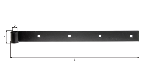 Penture bout droit, Matériau: Acier brut, Finition: plastifiée noire, Longueur: 400 mm, ø gond: 14 mm, Largeur: 35 mm, Épaisseur: 5,00 mm, Nombre de trous: 4, Trou: 7,5 x 7,5 mm, Garantie de 15 ans contre l&apos;oxydation