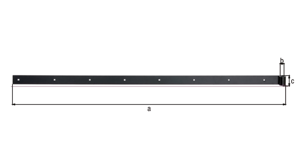 Pernio recto, con extremidad recta, Material: Acero crudo, Superficie: recubrimiento plástico negro, Longitud: 1160 mm, Ø del rodillo: 16 mm, Anchura: 40 mm, Espesura del material: 5,00 mm, Número de agujeros: 8, Perforación: 7,5 x 7,5 mm, 15 años de garantía contra la corrosión