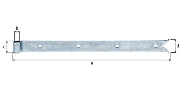 Pernio recto, extremidad cola de pez, Material: Acero crudo, Superficie: galvanizado, Longitud: 500 mm, Ø del rodillo: 14 mm, Anchura: 35 mm, 45 mm, Espesura del material: 5,00 mm, Número de agujeros: 4, Perforación: 7,5 x 7,5 mm