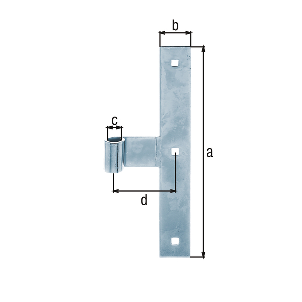 Pernio escuadra recto, con extremidad recta, Material: Acero crudo, Superficie: galvanizado, Altura: 250 mm, Anchura: 35 mm, Ø del rodillo: 14 mm, Distancia del centro de la banda al centro del rodillo: 68 mm, Espesura del material: 4,00 mm, Número de agujeros: 3, Perforación: 7,5 x 7,5 mm