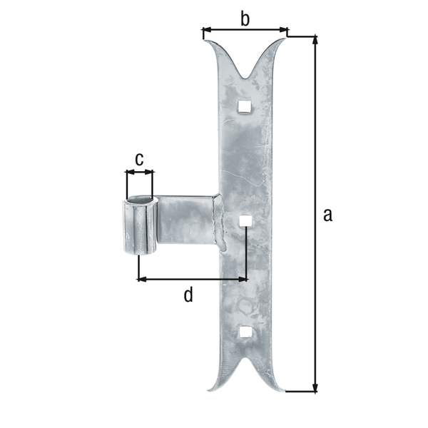 Pernio escuadra recto, extremidad cola de pez, Material: Acero crudo, Superficie: galvanizado, Altura: 250 mm, Anchura: 35 mm, Ø del rodillo: 14 mm, Distancia del centro de la banda al centro del rodillo: 68 mm, Espesura del material: 4,00 mm, Número de agujeros: 3, Perforación: 7,5 x 7,5 mm