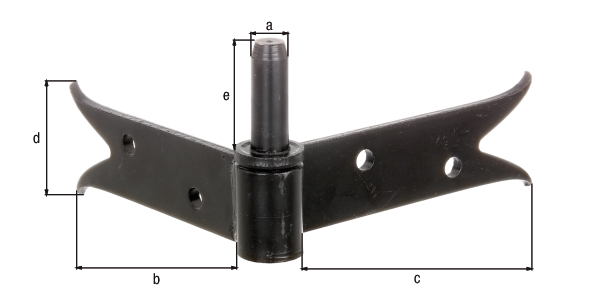 Goznes de ángulo para atornillar, extremidad cola de pez, Material: Acero crudo, Superficie: Barniz de inmersión negro aplicado de forma cataforética, Ø Entre eje: 14 mm, 140 mm, 120 mm, Altura: 60 mm, Longitud del eje: 40 mm, Espesura del material: 5,00 mm, Número de agujeros: 4, Perforación: Ø8 mm