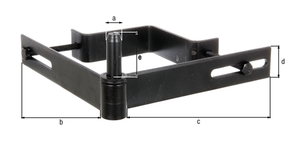 Gonds d'angle collier réglable, Matériau: Acier brut, Finition: laquée noire par immersion cataphorèse, Distance axe-Ø: 14 mm, Longueur du côté gauche: 190 mm, Longueur du côté droit: 190 mm, Hauteur: 35 mm, Longueur axe: 40 mm, Épaisseur: 5,00 mm