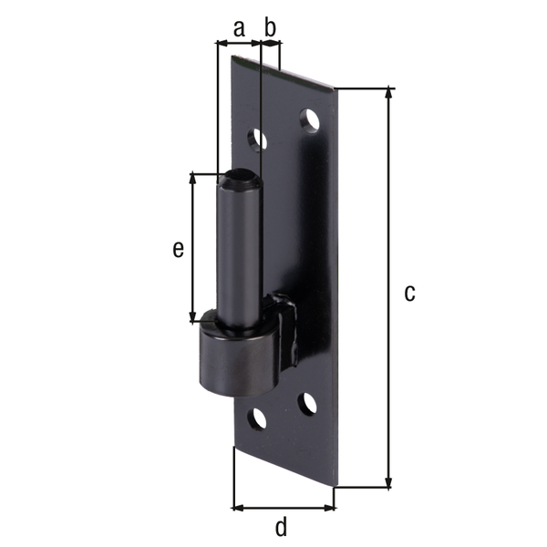 Hook on plate, DI, Material: raw steel, Surface: black cataphoretic coating, Size back set-Ø: 14 mm, Distance pin - plate: 12 mm, Plate height: 130 mm, Plate width: 40 mm, Length of pin: 45 mm, Material thickness: 4.00 mm, No. of holes: 4, Hole: Ø7 mm