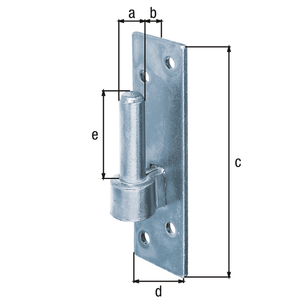 Gozne sobre pletina DI, Material: Acero crudo, Superficie: galvanizado, Ø Entre eje: 14 mm, Distancia eje-pletina: 12 mm, Altura de la pletina: 130 mm, Anchura de la pletina: 40 mm, Longitud del eje: 45 mm, Espesura del material: 4,00 mm, Número de agujeros: 4, Perforación: Ø7 mm