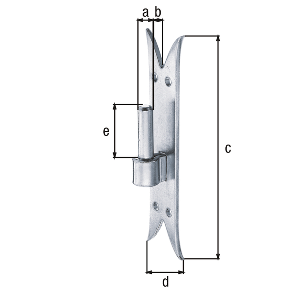 Gozne sobre pletina DI, extremidad cola de pez, Material: Acero crudo, Superficie: galvanizado, Ø Entre eje: 14 mm, Distancia eje-pletina: 11 mm, Altura de la pletina: 205 mm, Anchura de la pletina: 54 mm, Longitud del eje: 45 mm, Espesura del material: 5,00 mm, Número de agujeros: 4, Perforación: Ø8 mm