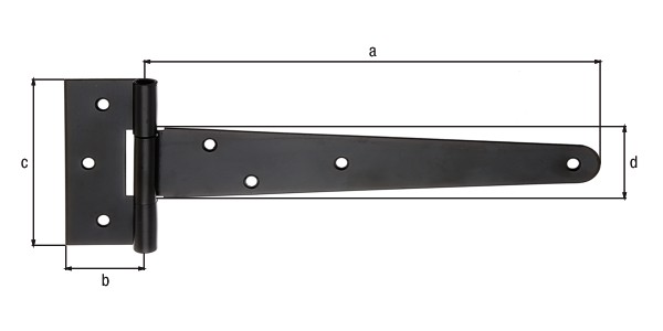 Tee hinge, with countersunk screw holes, with loose pin, Material: raw steel, Surface: black cataphoretic coating, Belt length: 248 mm, Hinge width: 40 mm, Hinge length: 90 mm, Belt width: 46 mm, Material thickness: 1.80 mm, No. of holes: 7, Hole: Ø6 mm