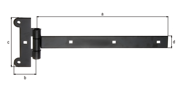 Tee hinge, with press-fitted pin, Material: raw steel, Surface: black cataphoretic coating, Belt length: 291 mm, Hinge width: 45 mm, Hinge length: 115 mm, Belt width: 30 mm, Material thickness: 4.00 mm, No. of holes: 2 / 4, Hole: Ø6.8 / 7.5 x 7.5 mm