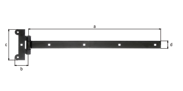 Penture anglaise, avec l'axe pressé, Matériau: Acier brut, Finition: laquée noire par immersion cataphorèse, Longueur de penture: 491 mm, Largeur de charnière: 45 mm, Longueur de charnière: 115 mm, Largeur de penture: 30 mm, Épaisseur: 4,00 mm, Nombre de trous: 2 / 5, Trou: Ø6,8 / 7,5 x 7,5 mm