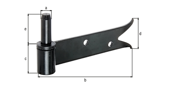 Gozne para atornillar, extremidad cola de pez, Material: Acero crudo, Superficie: Barniz de inmersión negro aplicado de forma cataforética, Ø Entre eje: 14 mm, Longitud total: 171 mm, Altura de los rodillos: 35 mm, Anchura: 57 mm, Longitud del eje: 40 mm, Espesura del material: 5,00 mm, Número de agujeros: 2, Perforación: Ø8 mm