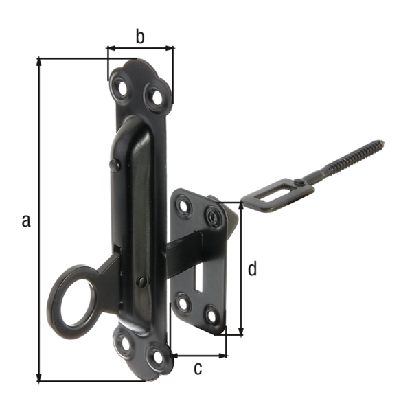 Window shutter lock, fastening with plate, with countersunk screw holes, Material: raw steel, Surface: zinc phosphate plated, black powder-coated, Height: 150 mm, Width: 38 mm, Plate width: 37 mm, Plate height: 37 mm, Thread-Ø: 6 x 21 mm, No. of holes: 8, Hole: Ø5 mm