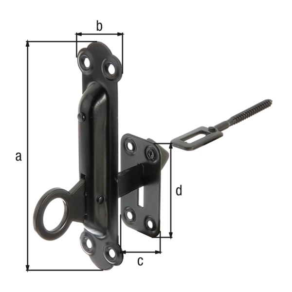 Fensterladen-Feststeller, Befestigung mit Platte, mit versenkten Schraublöchern, Material: Stahl roh, Oberfläche: zinkphosphatiert, schwarz kunststoffbeschichtet, Höhe: 150 mm, Breite: 38 mm, Plattenbreite: 37 mm, Plattenhöhe: 37 mm, Gewinde-Ø: 6 mm, Gewindelänge: 21 mm, Anzahl Löcher: 8, Loch: Ø5 mm, CutCase