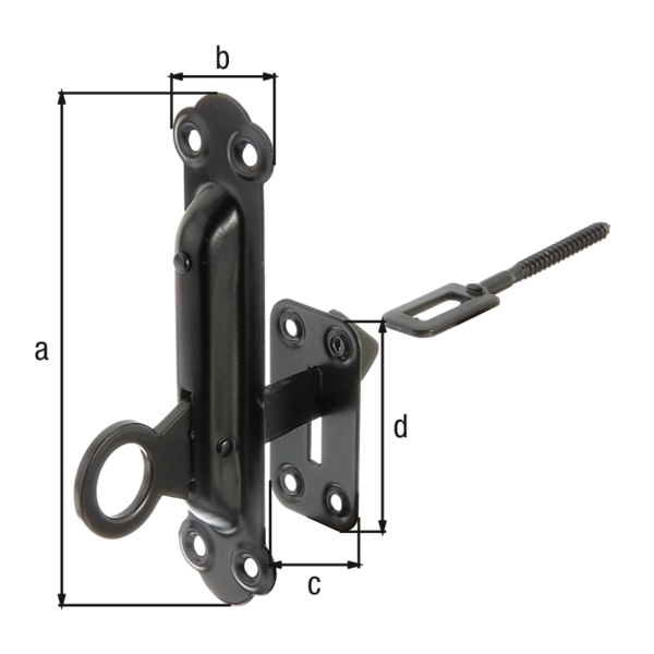 Fensterladen-Feststeller, Befestigung mit Platte, mit versenkten Schraublöchern, Material: Stahl roh, Oberfläche: zinkphosphatiert, schwarz kunststoffbeschichtet, Höhe: 150 mm, Breite: 38 mm, Plattenbreite: 37 mm, Plattenhöhe: 37 mm, Gewinde-Ø: 6 mm, Gewindelänge: 21 mm, Anzahl Löcher: 8, Loch: Ø5 mm, CutCase