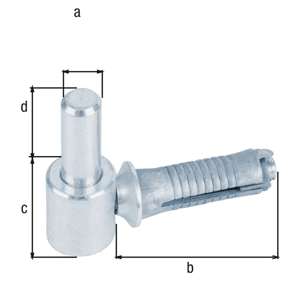 Skobel do wkręcenia, materiał: stal surowa, powierzchnia: ocynkowana galwanicznie, pasywowana na niebiesko, Rozmiar trzpienia-Ø: 14 mm, Długość: 65 mm, Wysokość: 33 mm, Długość trzpienia: 35 mm, Wersja: z możliwością regulacji, Gwint: M10