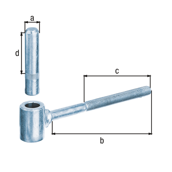 Skobel do wkręcenia, materiał: stal surowa, powierzchnia: ocynkowana galwanicznie, pasywowana na niebiesko, Rozmiar trzpienia-Ø: 14 mm, Długość: 125 mm, Długość gwintu: 82 mm, Długość trzpienia: 40 mm, Gwint: M10