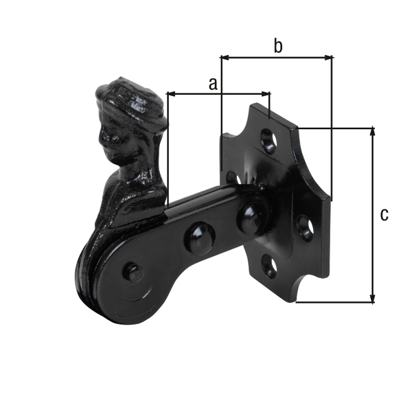 Arrêt de volet tête bergère Modèle Français, Matériau: Acier brut, Finition: plastifiée noire, épaisseur max. du volet: 35 mm, Largeur de platine: 50 mm, Hauteur de platine: 55 mm, Nombre de trous: 4, Trou: Ø4,5 mm