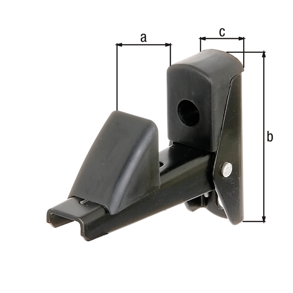 Blokada do okiennic i drzwi, materiał: aluminium, powierzchnia: czarna lakierowana, 15 - 50 mm, Wysokość: 75 mm, Szerokość: 25 mm, Wersja: samozamykająca, Liczba otworów: 2, Otwór: 5,5 x 12 mm, CutCase