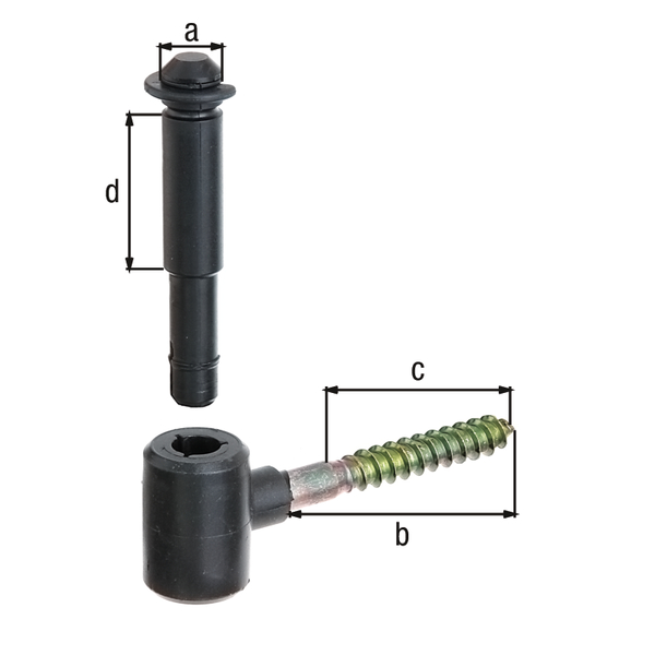 Gond à visser, Matériau: Vis à bois : acier brut, autres pièces : PVC rigide, Finition: Vis à bois : zinguée, autres pièces : noires, Distance axe-Ø: 14 mm, Longueur: 75 mm, Longueur filetée: 50 mm, Longueur axe: 40 mm, Filetage à bois-Ø: 10 mm