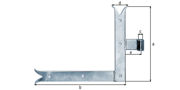 Pernio escuadra recto, extremidad cola de pez, Material: Acero crudo, Superficie: galvanizado, Altura: 250 mm, Longitud: 300 mm, Ø del rodillo: 14 mm, Anchura: 35 mm, Distancia del centro de la banda al centro del rodillo: 68 mm, Descripción del artículo: abajo, Espesura del material: 4,00 mm, Número de agujeros: 5, Perforación: 7,5 x 7,5 mm