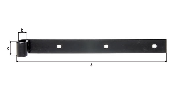 Band hook, straight, straight end, Material: raw steel, Surface: black powder-coated, Length: 300 mm, Roller dia.: 14 mm, Width: 30 mm, Material thickness: 4.00 mm, No. of holes: 3, Hole: 7.5 x 7.5 mm, 15-year warranty against rusting through