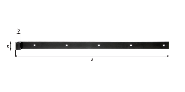 Penture bout droit, Matériau: Acier brut, Finition: plastifiée noire, Longueur: 700 mm, ø gond: 14 mm, Largeur: 35 mm, Épaisseur: 5,00 mm, Nombre de trous: 5, Trou: 7,5 x 7,5 mm, Garantie de 15 ans contre l&apos;oxydation