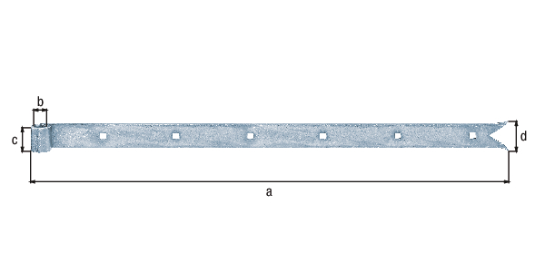 Pernio recto, extremidad cola de pez, Material: Acero crudo, Superficie: galvanizado, Longitud: 1000 mm, Ø del rodillo: 16 mm, Anchura: 40 mm, 55 mm, Espesura del material: 5,00 mm, Número de agujeros: 7, Perforación: 7,5 x 7,5 mm