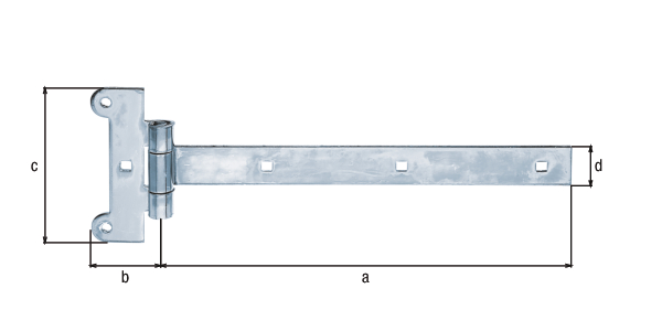 Penture anglaise, avec l'axe pressé, Matériau: Acier brut, Finition: zinguée, Longueur de penture: 291 mm, Largeur de charnière: 45 mm, Longueur de charnière: 115 mm, Largeur de penture: 30 mm, Épaisseur: 4,00 mm, Nombre de trous: 2 / 4, Trou: Ø6,8 / 7,5 x 7,5 mm