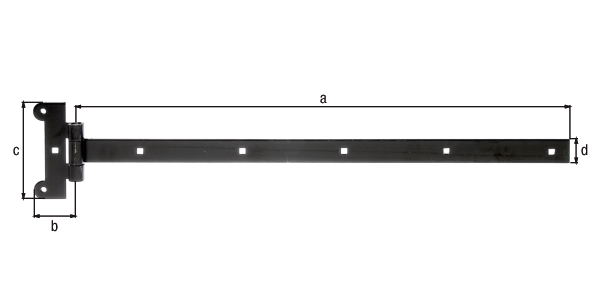 Bandella a cerniera, con spina pressata, Materiale: acciaio grezzo, superficie: verniciata nera, Lunghezza bandella: 591 mm, Larghezza cerniera: 45 mm, Lunghezza cerniera: 115 mm, Larghezza bandella: 30 mm, Spessore del materiale: 4,00 mm, Numero di fori: 2 / 6, Foro: Ø6,8 / 7,5 x 7,5 mm