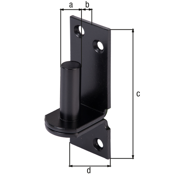 Hook on plate, DI, with countersunk screw holes, Material: raw steel, Surface: galvanised, black powder-coated, Size back set-Ø: 16 mm, Distance pin - plate: 13 mm, Plate height: 115 mm, Plate width: 40 mm, Length of pin: 45 mm, Material thickness: 4.50 mm, No. of holes: 4, Hole: Ø7.2 mm, 15-year warranty against rusting through