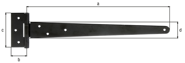 Bandella a cerniera, con fori per viti incassate, con spina sfusa, Materiale: acciaio grezzo, superficie: verniciata nera, Lunghezza bandella: 397 mm, Larghezza cerniera: 40 mm, Lunghezza cerniera: 90 mm, Larghezza bandella: 46 mm, Spessore del materiale: 2,50 mm, Numero di fori: 7, Foro: Ø6 mm