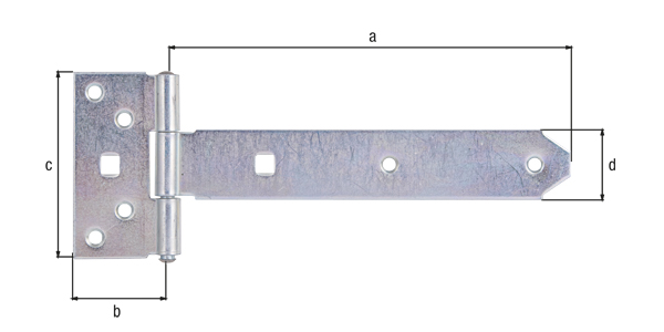 Tee hinge, with riveted pin, Material: raw steel, Surface: galvanised, thick-film passivated, Belt length: 192 mm, Hinge width: 45 mm, Hinge length: 90 mm, Belt width: 34 mm, Type: light, Material thickness: 2.00 mm, No. of holes: 6 / 2, Hole: Ø6.5 / 9 x 9 mm