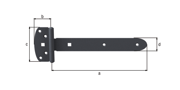 Ovado Tee hinge, with riveted pin, with countersunk screw holes, Material: steel, Surface: galvanised, graphite grey powder-coated, Belt length: 242 mm, Hinge width: 45 mm, Hinge length: 90 mm, Belt width: 34 mm, Material thickness: 2.50 mm, No. of holes: 6 / 2, Hole: Ø6.5 / 9 x 9 mm