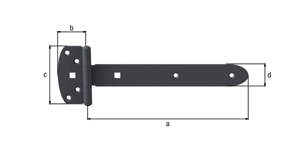 Ovado Tee hinge, with riveted pin, with countersunk screw holes, Material: steel, Surface: galvanised, graphite grey powder-coated, Belt length: 242 mm, Hinge width: 45 mm, Hinge length: 90 mm, Belt width: 34 mm, Material thickness: 2.50 mm, No. of holes: 6 / 2, Hole: Ø6.5 / 9 x 9 mm, CutCase