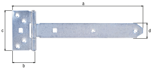 Kreuzgehänge, mit vernietetem Stift, Material: Stahl roh, Oberfläche: galvanisch verzinkt, Dickschichtschutz, Bandlänge: 242,5 mm, Scharnierbreite: 45 mm, Scharnierlänge: 90 mm, Bandbreite: 34 mm, Ausführung: leicht, Materialstärke: 2,00 mm, Anzahl Löcher: 6 / 2, Loch: Ø6,5 / 9 x 9 mm