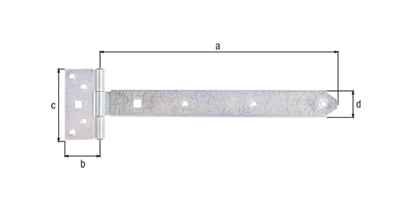 Bandella a cerniera, con perno rivettato, Materiale: acciaio grezzo, superficie: galvanizzata, passivata a strato spesso, Lunghezza bandella: 292,5 mm, Larghezza cerniera: 45 mm, Lunghezza cerniera: 90 mm, Larghezza bandella: 34 mm, Modello: leggero, Spessore del materiale: 2,30 mm, Numero di fori: 7 / 2, Foro: Ø6,5 / 9 x 9 mm