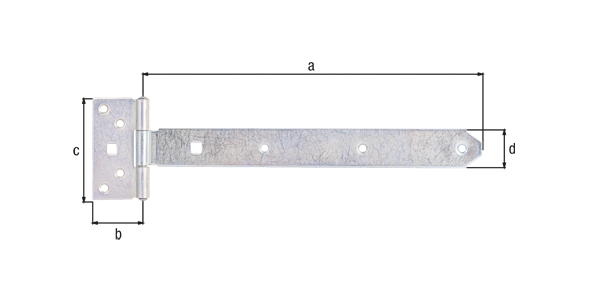 Tee hinge, with riveted pin, Material: raw steel, Surface: galvanised, thick-film passivated, Belt length: 292.5 mm, Hinge width: 45 mm, Hinge length: 90 mm, Belt width: 34 mm, Type: light, Material thickness: 2.30 mm, No. of holes: 7 / 2, Hole: Ø6.5 / 9 x 9 mm
