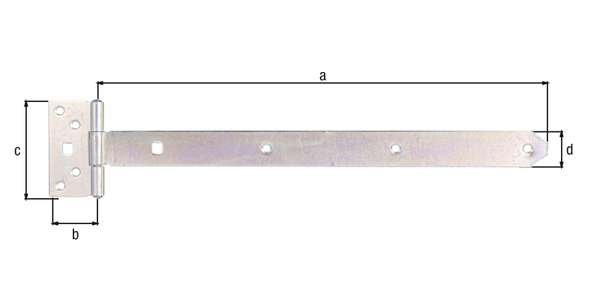 Tee hinge, with riveted pin, Material: raw steel, Surface: galvanised, thick-film passivated, Belt length: 393.5 mm, Hinge width: 44 mm, Hinge length: 92 mm, Belt width: 34 mm, Type: light, Material thickness: 2.50 mm, No. of holes: 7 / 2, Hole: Ø6.5 / 9 x 9 mm