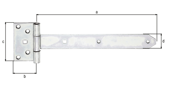 Tee hinge, with riveted pin, Material: raw steel, Surface: galvanised, thick-film passivated, Belt length: 291 mm, Hinge width: 59 mm, Hinge length: 103 mm, Belt width: 40 mm, Type: heavy, Material thickness: 3.50 mm, No. of holes: 6 / 2, Hole: Ø6.5 / 9 x 9 mm