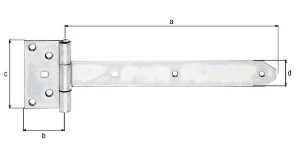 Kreuzgehänge, mit vernietetem Stift, Material: Stahl roh, Oberfläche: galvanisch verzinkt, Dickschichtschutz, Bandlänge: 291 mm, Scharnierbreite: 59 mm, Scharnierlänge: 103 mm, Bandbreite: 40 mm, Ausführung: schwer, Materialstärke: 3,50 mm, Anzahl Löcher: 6 / 2, Loch: Ø6,5 / 9 x 9 mm