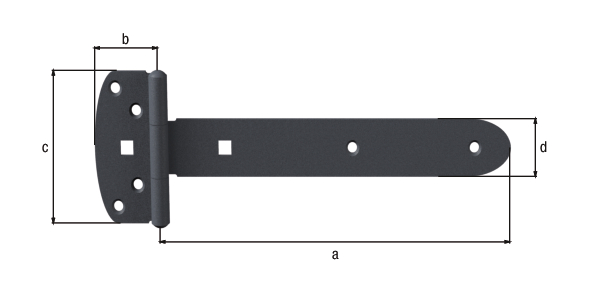 Ovado Tee hinge, with riveted pin, with countersunk screw holes, Material: steel, Surface: galvanised, graphite grey powder-coated, Belt length: 391 mm, Hinge width: 58.7 mm, Hinge length: 103 mm, Belt width: 40 mm, Material thickness: 4.00 mm, No. of holes: 6 / 2, Hole: Ø6.5 / 9 x 9 mm