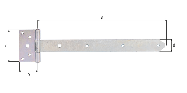 Bandella a cerniera, con perno rivettato, Materiale: acciaio grezzo, superficie: galvanizzata, passivata a strato spesso, Lunghezza bandella: 391 mm, Larghezza cerniera: 59 mm, Lunghezza cerniera: 103 mm, Larghezza bandella: 40 mm, Modello: pesante, Spessore del materiale: 3,50 mm, Numero di fori: 7 / 2, Foro: Ø6,5 / 9 x 9 mm