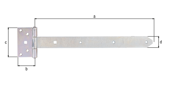 Zawias krzyżowy, z nitowanym trzpieniem, materiał: stal surowa, powierzchnia: ocynkowana galwanicznie, pasywowana grubowarstwowo, Długość taśmy: 391 mm, Szerokość zawiasu: 59 mm, Długość zawiasu: 103 mm, Szerokość taśmy: 40 mm, Wersja: ciężka, Grubość materiału: 3,50 mm, Liczba otworów: 7 / 2, Otwór: Ø6,5 / 9 x 9 mm