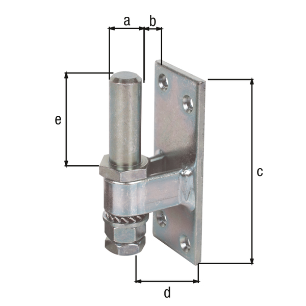 Kloben zum Anschrauben, mit versenkten Schraublöchern, Material: Stahl roh, Oberfläche: galvanisch verzinkt, Dickschichtschutz, Dornmaß-Ø: 16 mm, Abstand Dorn - Platte: 5 - 25 mm, Plattenhöhe: 100 mm, Plattenbreite: 40 mm, Länge Dorn: 45 mm, Ausführung: verstellbar, Materialstärke: 4,50 mm, Anzahl Löcher: 4, Loch: Ø7 mm, CutCase