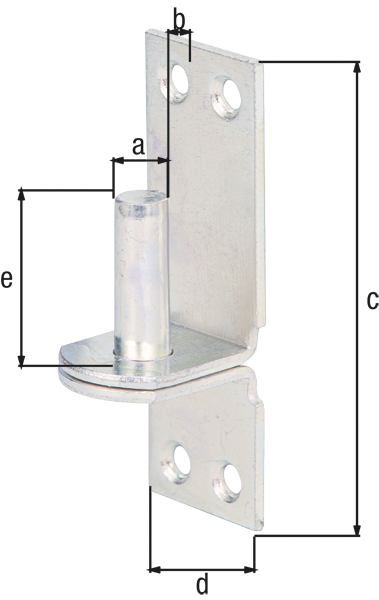 Kloben auf Platte, DI-Haken, mit versenkten Schraublöchern, Material: Stahl roh, Oberfläche: galvanisch verzinkt, Dickschichtschutz, Dornmaß-Ø: 10 mm, Abstand Dorn - Platte: 10 mm, Plattenhöhe: 90 mm, Plattenbreite: 30 mm, Länge Dorn: 30 mm, Materialstärke: 2,50 mm, Anzahl Löcher: 4, Loch: Ø5 mm