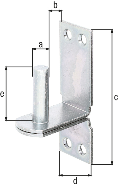 Kloben auf Platte, DII-Haken, mit versenkten Schraublöchern, Material: Stahl roh, Oberfläche: galvanisch verzinkt, Dickschichtschutz, Dornmaß-Ø: 10 mm, Abstand Dorn - Platte: 25 mm, Plattenhöhe: 90 mm, Plattenbreite: 30 mm, Länge Dorn: 30 mm, Materialstärke: 2,50 mm, Anzahl Löcher: 4, Loch: Ø5 mm