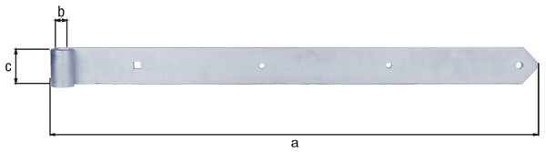 Zawias pasowy prosty, zakończenie zaokrąglone, materiał: stal surowa, powierzchnia: ocynkowana galwanicznie, pasywowana grubowarstwowo, Długość: 782 mm, Średnica rolki: 20 mm, Szerokość: 60 mm, Grubość materiału: 8,00 mm, Liczba otworów: 2 / 1 / 1, Otwór: Ø9 / Ø11 / 11 x 11 mm