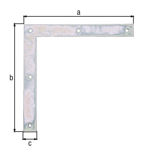 L shaped strap tie for gates, with countersunk screw holes, Material: raw steel, Surface: galvanised, thick-film passivated, Height: 200 mm, Length: 200 mm, Width: 30 mm, Material thickness: 3.00 mm, No. of holes: 5, Hole: Ø5 mm