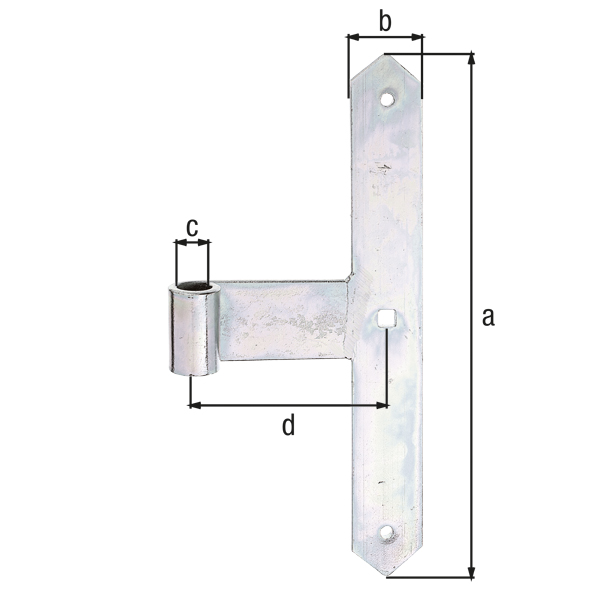 Gate middle hinge, straight, pointed end, Material: raw steel, Surface: galvanised, thick-film passivated, Height: 300 mm, Width: 40 mm, Roller dia.: 16 mm, Distance centre of belt - centre of roller: 105 mm, Type: light, Material thickness: 5.00 mm, No. of holes: 2 / 1, Hole: Ø7 / 9 x 9 mm