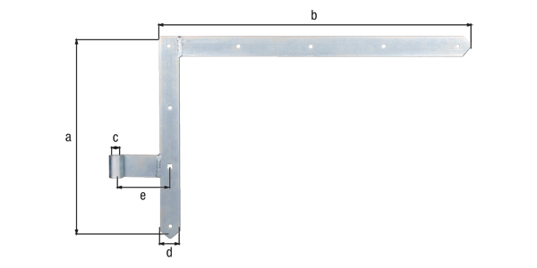 Tor-Winkelband, gerade, Abschluss spitz, Material: Stahl roh, Oberfläche: galvanisch verzinkt, Dickschichtschutz, Höhe: 400 mm, Länge: 600 mm, Rollen-Ø: 16 mm, Breite: 40 mm, Abstand Mitte Band - Mitte Rolle: 105 mm, Artikelbeschreibung: oben, Materialstärke: 5,00 mm, Anzahl Löcher: 7 / 1, Loch: Ø7 / 9 x 9 mm